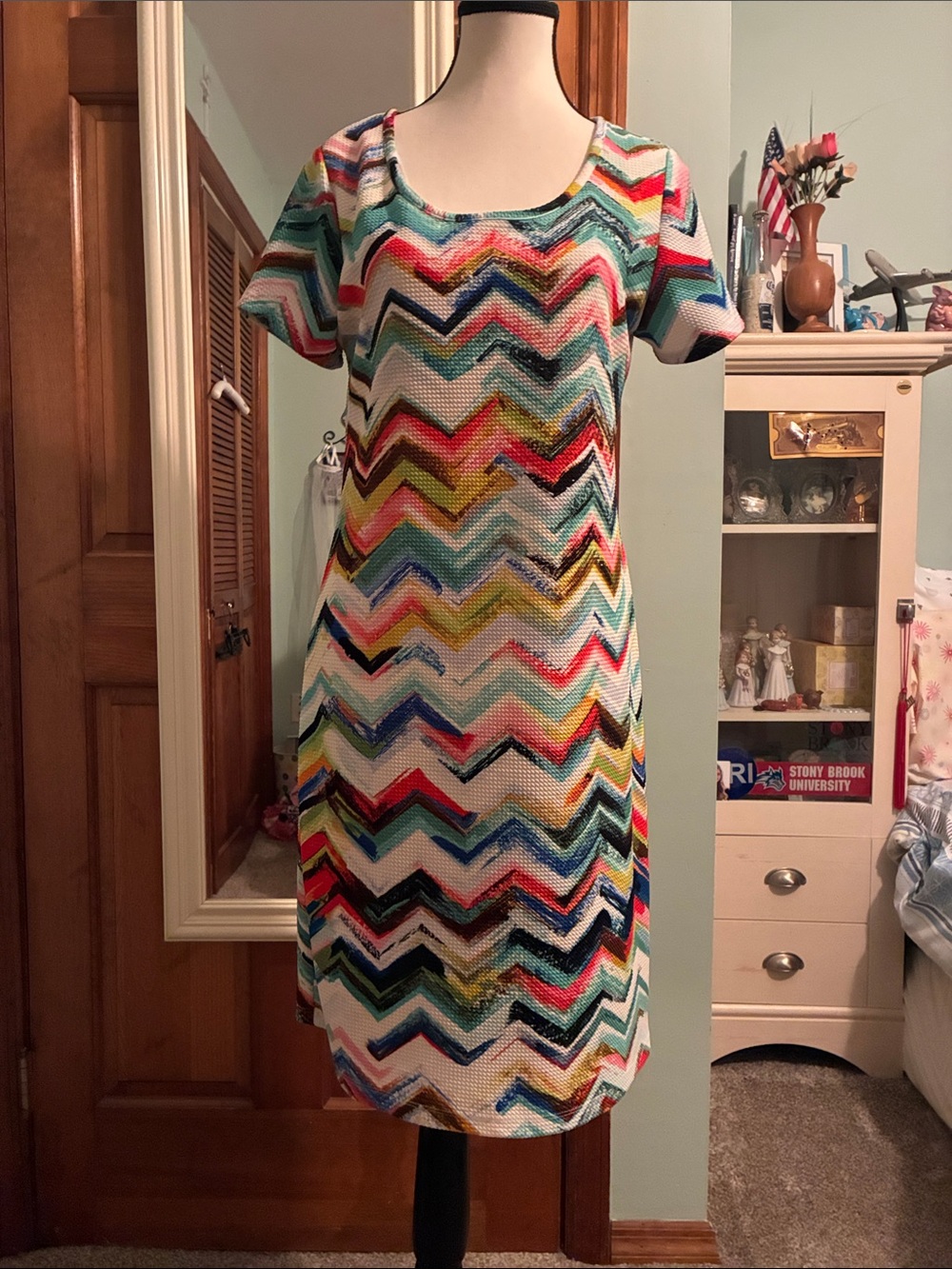 Multicolor Chevron Knit Short-Sleeve Dress